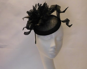 7326 Penny Mesh Hat Fascinator With Ribbons And Black Feathers Black Fascinator -  main image 4