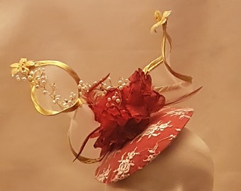 Fascinator hat, Wedding, Kentecy derby, Royal Ascot hat, RED Feather fascinator hat, GOLD edge Swirl  Ladies Hat with Crystal Pearl Vine