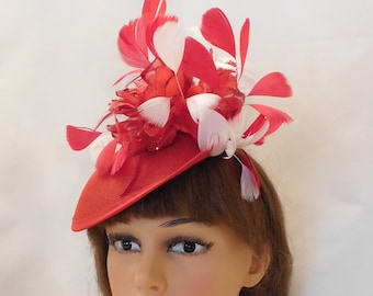 FASCINATOR, Red Hat with Feathers Wedding, Church hat  fascinator Goodwood,Kentucky derby hat, Cocktail Hat, ASCOT HAT ,Prom Hat Fascinator