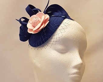 Fascinator Royal Blue Mini Felt like Teardrop hat Fascinator with Felt Loops French netting mini veil and Pink Felt Rose