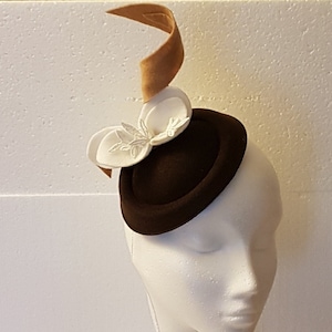 BROWN & TAN Hat fascinator. #Brown HAT fascinator with White felt leaves.Ascot hat fascinator,Wedding Race,Cocktail Church hat  fascinator