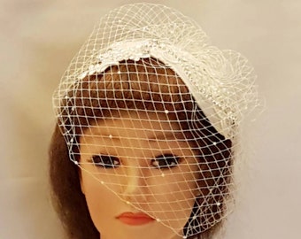 BRIDAL FASCINATOR, White, Ivory, Champagne, Silver Birdcage veil fascinator hat.Bridal birdcage veil hatinator. Wedding hair Accessory