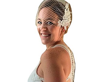 Bird cage veil White, Ivory bridal veil  Bridal Lace fascinator Diamonte Pearl  Blusher veil, Wedding hair accessory Bridal Bird cage veil