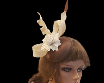 FASCINATOR,Brown Tan/Ivory Flower Hat Fascinator,Wedding,Church Fascinator Hat,Goodwood, Cocktail,KENTUCKY DERBY Hat, Ascot Hat fascinator