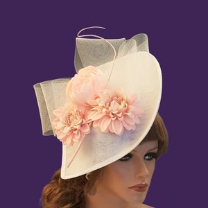 White & Pink fascinator large Teardrop hatinator Quil Floral Church Derby Ascot Hat Race Wedding Party hat Mother of Bride/Groom Hatinator