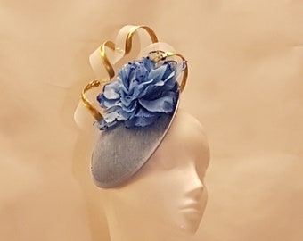 Vintage 4050s BLUE Fascinator Disc Hat fascinator Ascot,Wedding Mother of bride fascinator Blue hatinator large flower gold edge crin swirl