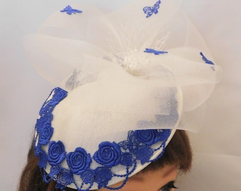 IVORY, WHITE and BLUE Hat Fascinator  Wedding hat Mother of bride, Derby, Ascot Race hat fascinator  Ladies  Hat Blue & Ivory Hat Fascinator