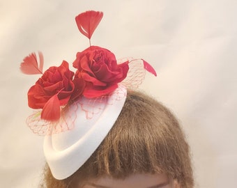 WHITE or RED FASCINATOR  Red Roses. Wedding,Church hat  fascinator Goodwood, Kentucky derby hat, Cocktail Hat, Ascot hat,Prom Hat Fascinator
