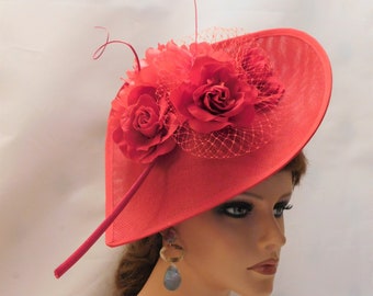 RED FASCINATOR HAT  Large Teardrop hatinator long Quil Floral hat Church Derby Ascot Royal Wedding Party hat Mother of Bride/Groom Hatinator