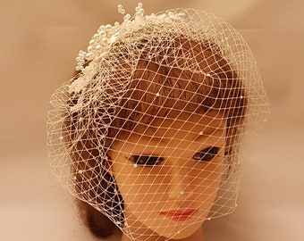 Birdcage veil White Ivory BIRDAL BIRDCAGE VEIL  Lace fascinator Crystal & Pearl Wedding hair accessory Single or Double layer Blusherveil