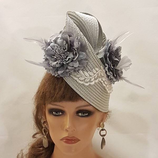 SILVER Grey Fascinator Straw weave Floral Hat fascinator Womens ChurchDerby Ascot Wedding TeaParty hat Mother of Bride Mother of groom hat