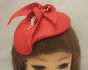 Classic Red Wool Bow Fascinator - Women Accessories Red Wool Felt Fascinator With Unique Bow, Red Woll Felt  main image 3