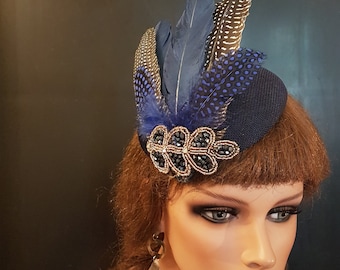 Christina Blue Veiled Saucer Fascinator Hat Navy Blue Saucer Hat / Fascinator Adorned With a Crin Wave  main image 2