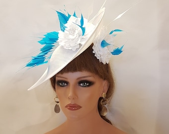 FASCINATOR HAT Large WHITE & Turquoise blue Feather Hatinator Wedding hat Ascot Race Kentecy Derby hat Mother of Bride/Groom  fascinator Hat