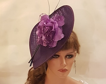 Purple Hat Fascinator long Quill Feather Wedding Hatinator Deeppurple hat  Floral Fascinator Mother of Bride,Groom Cocktail Ascot fascinator