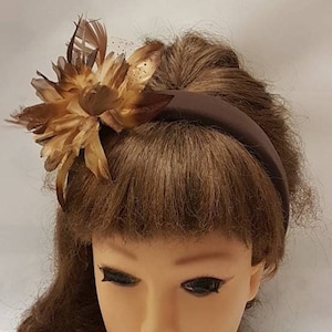 BROWN  Feather Flower SUEDE Padded Headband Fascinator Headpiece Halo Padded Hair Crown Races Wedding Prom