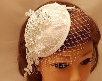 Bridal FASCINATOR, White,Ivory bridal MINI  veil hat fascinator. Wedding hat with Lace Motif, Crystal, Pearl   Wedding hair accessory