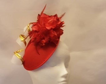 RED HAT Fascinator,#RED Hat Fascinator,Wedding Church Hat,Fascinator Hat,Goodwood Cocktail Ascot Hat Feather Hat Fascinator Gold edge Swirl