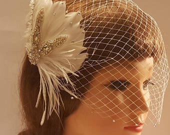 Birdcage veil, Bridal fascinator, Gatsby fascinator, 1920s wedding fascinator, White,Ivory  2 Pc Bridal feather fascinator  & Birdcage veil