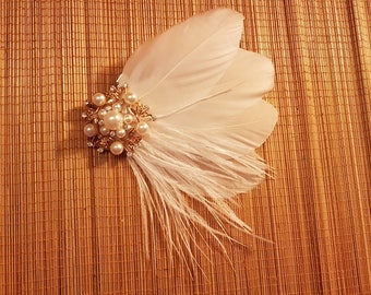 Ivory White Cream Bleached Peacock Feather Hair Clip Fascinator Bridal Pearl Y22