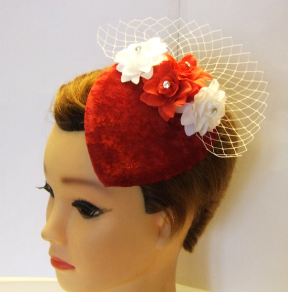 Vintage Red Velvet Teardrop Fascinator: Feather Flower 