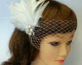 Feather Fascinator Gatsby fascinator bridal blusher veil #1920s wedding fascinator Bridal Bandeaue birdcage veil  & Crysal Pearl headpiece
