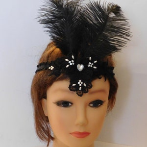Große Gatsby Stirnband, Flapper Kleid Fascinator, schwarzer Kopfschmuck, 1920 Stirnband, Kristall und Perlen Feder Kopfschmuck, schwarz Haarkranz