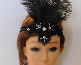 Great Gatsby Headband, Flapper Dress fascinator, Black Headpiece, 1920 Headband,  crystal & Pearls Feather Fascinator, Black Boho headpiece