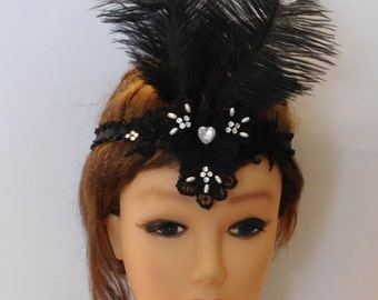 Great Gatsby Headband, Black Feather Flapper Headpiece, Crystal & Pearl 1920s Headpiece