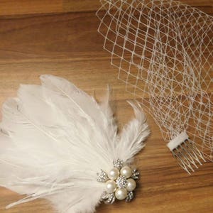 Birdcage veil  Bridal fascinator Gatsby 1920s wedding feather hair piece Bridal feather fascinator White  Ivory Black  Feather birdcage veil