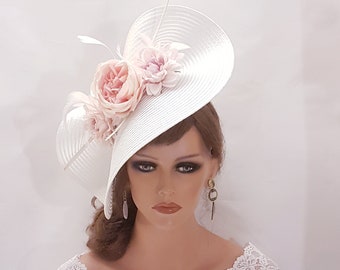 White & Pink fascinator large saucer hatinator Quil Floral Church Derby Ascot Hat Race Wedding TeaParty hat Mother of Bride/Groom Hatinator
