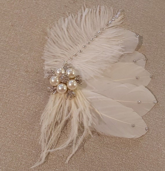 Ivory Feather & Crystal Hair Clip Ivory Flower Feather & Crystal Fascinator Bridal Wedding  main image 4