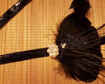 1920s Gatsby headband. black feather Fascinator,  #Gatsby headpiece, #Bridal Bridesmaid fascinator clip, Black gatsby headband fascinator