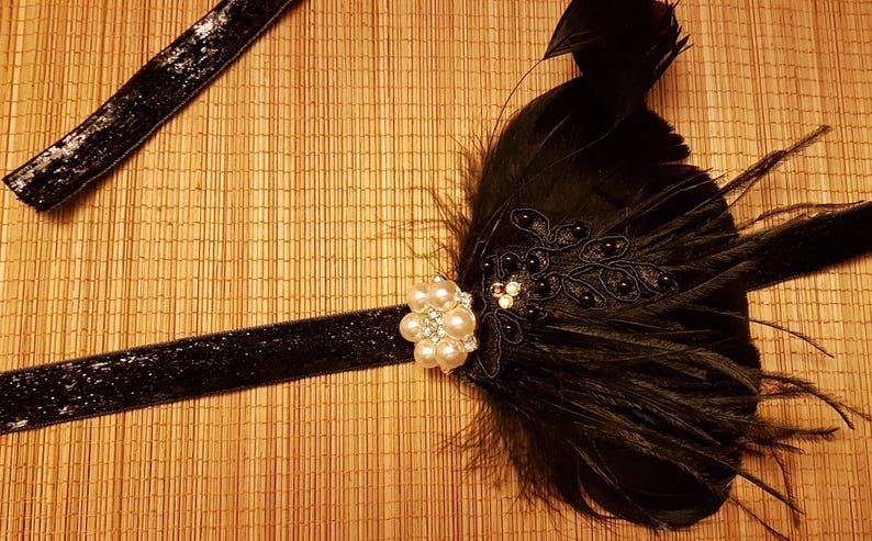 1920s Gatsby headband. black feather Fascinator, Gatsby headpiece, Bridal Bridesmaid fascinator clip, Black gatsby headband fascinator image 1