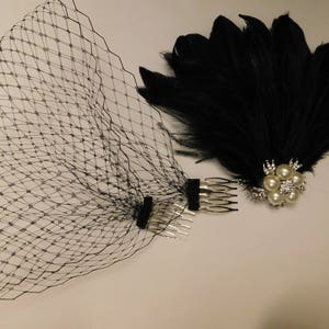 Véu de gaiola de pássaro, branco, marfim, preto fascinator de penas de noiva, blush de pérola de cristal, acessório de cabelo de casamento, véu de rosto fascinator Gatsby dos anos 1920