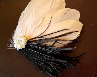 Champagne Feather Fascinator: Bridal Hair Clip with Pearl Crystal