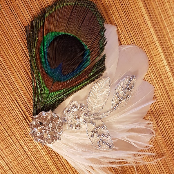 PEACOCK Feather Fascinator, Feather Hair Piece, Wedding Hair Accessory, White/Ivory feather HEADPIECE, Bridal peacock feather fascinator