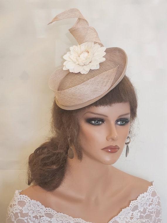 Champagne Sinamay Fascinator Hat, Flower Swirl Ascot  display picture 1