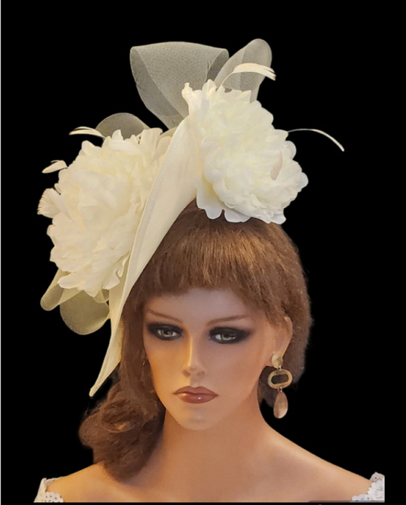 IVORY Fascinator Hat large Teardrop hatinator Floral Fascinator Church Derby Ascot hat Wedding TeaParty Mother of Bride/Groom Hatinator 画像 3