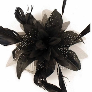 Black fascinator Feather flower, Wedding, Bridesmaid, cocktail, Ascot Race, Prom Ball, Parties. Black hair Comb Head piece Hair accessory