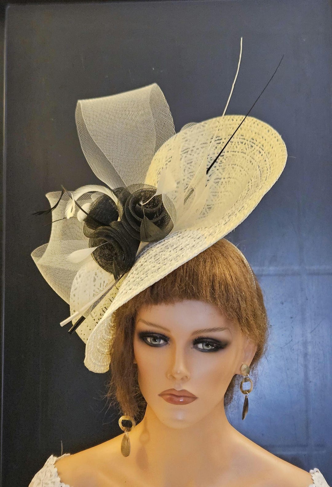 Designed by EE Ivory & Black Wide Brim Church Kentucky Derby Fascinator Hat OS Ivory Wide Brim Kentucky Derby Hat With Black Trim, Elegant  main image 3
