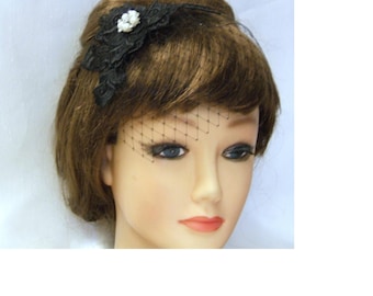 BLACK LACE and jewel hairpiece Wedding,Prom,Ceremony headpiece #Black mini birdcage veil Fascinator hairclip mini frenchnet veil  fascinator