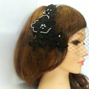 Black Birdcage Veil: Crystal Pearl Flower Fascinator, 9-inch Blusher