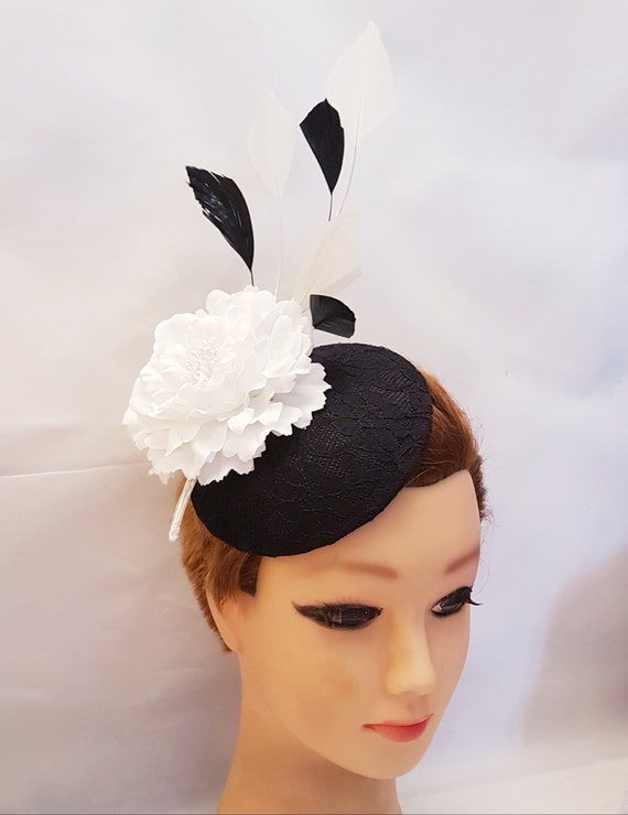 Black Lace Fascinator Hat: White Flower & Feathers, Ascot 