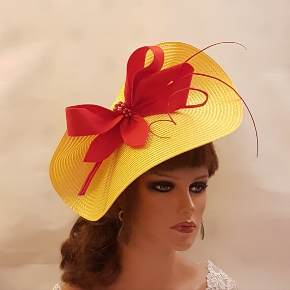Yellow Fascinator Hat: Red Felt Bow & Quill Feather - Derby  display picture 3