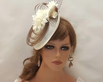 Brown & Ivory Fascinator Hat: Wedding Ascot Races Hatinator