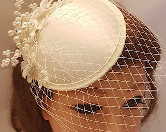 Ivory Bridal Birdcage Veil Fascinator, Crystal Pearl Wedding Headpiece