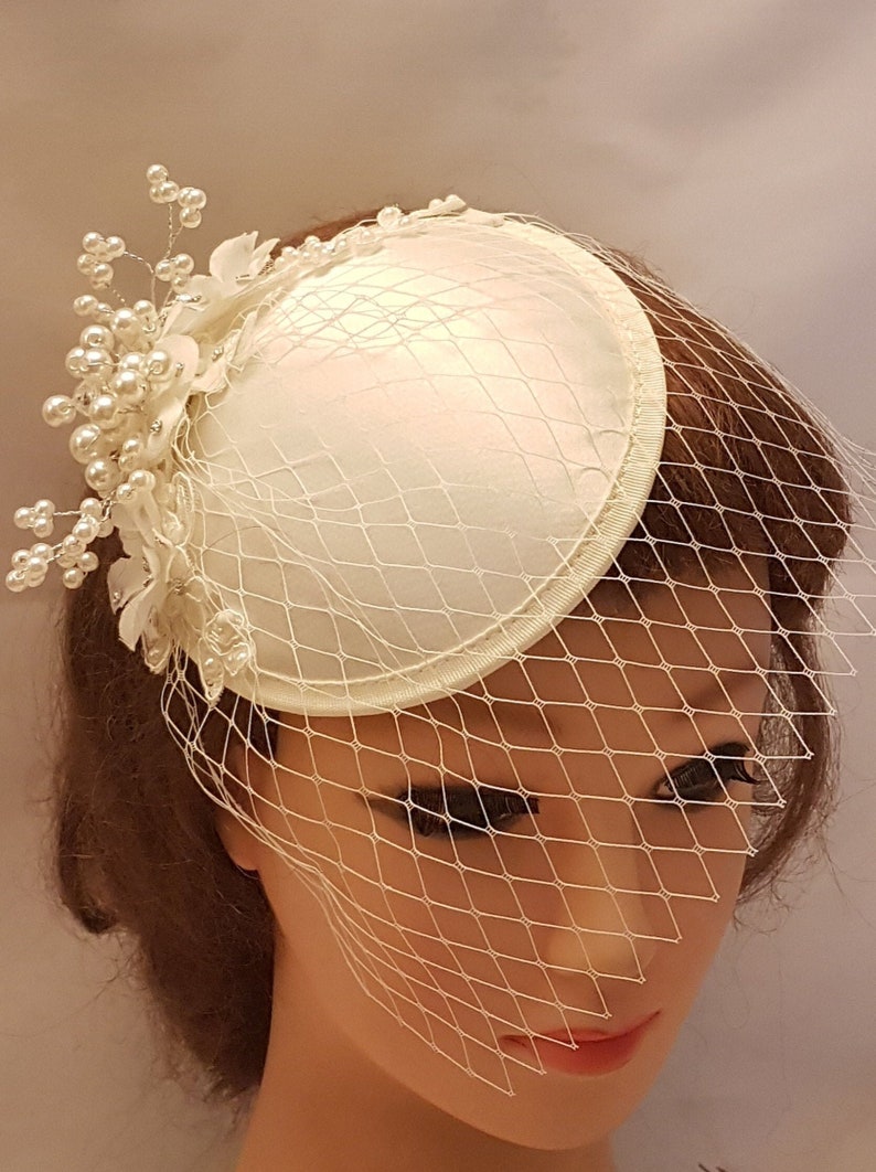 FASCINATOR Birdcage veil White Ivory bridal birdcage veil Bridal fascinator Crystal Pearl bridal hat Wedding headpiece Bridal hat fascinator image 1