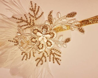 Gatsby Headband 1920s Flapper Headpiece Bridal wedding fascinator Silver or Gold Beaded Gatsby Feather Headpiece sparkly boho hairpiece