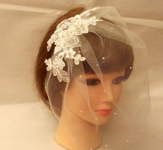 Bridal birdcage veil. Lace fascinator Diamonte, Pearl  Tulle bird cage Blusher veil Single or Tulle & French nett double layer White, Ivory